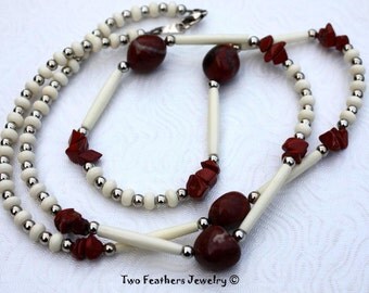 Red Jasper And Bone Necklace - Red Jasper Necklace - Long Beaded Necklace - Wrap Bracelet - Natural Jewelry - Tribal Style - Gift For Her