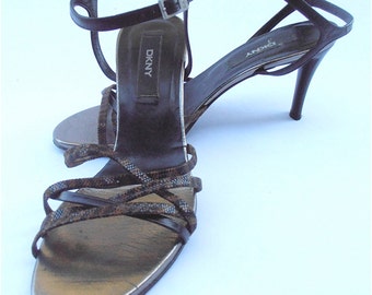 Vintage Black Strappy Shoes DKNY High Heels Animal Print Shoes Black Shoes Black Leather Shoes Vintage Black Stilettos Ladies Shoe Size 7