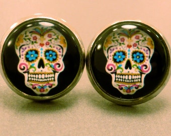 Skull Studs: Black Sugar Skull Stud Earrings, Skull Earrings,Day of the Dead, Cabachon, Domed, Fake Plug
