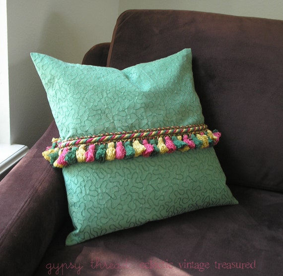 Soft Vintage Green Pillow Cover with Multi Colored Tassel