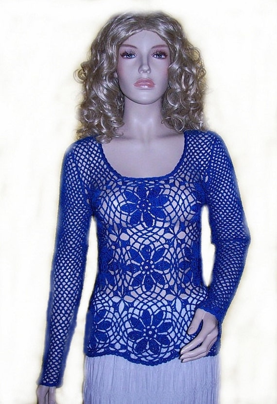 Sapphire crocheted sweater blouse blue lace lovely gifts