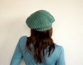 Pure Wool Crochet Beret in Teal Green, Hand-knitted Natural Winter Accessories, Bohemian Fashion