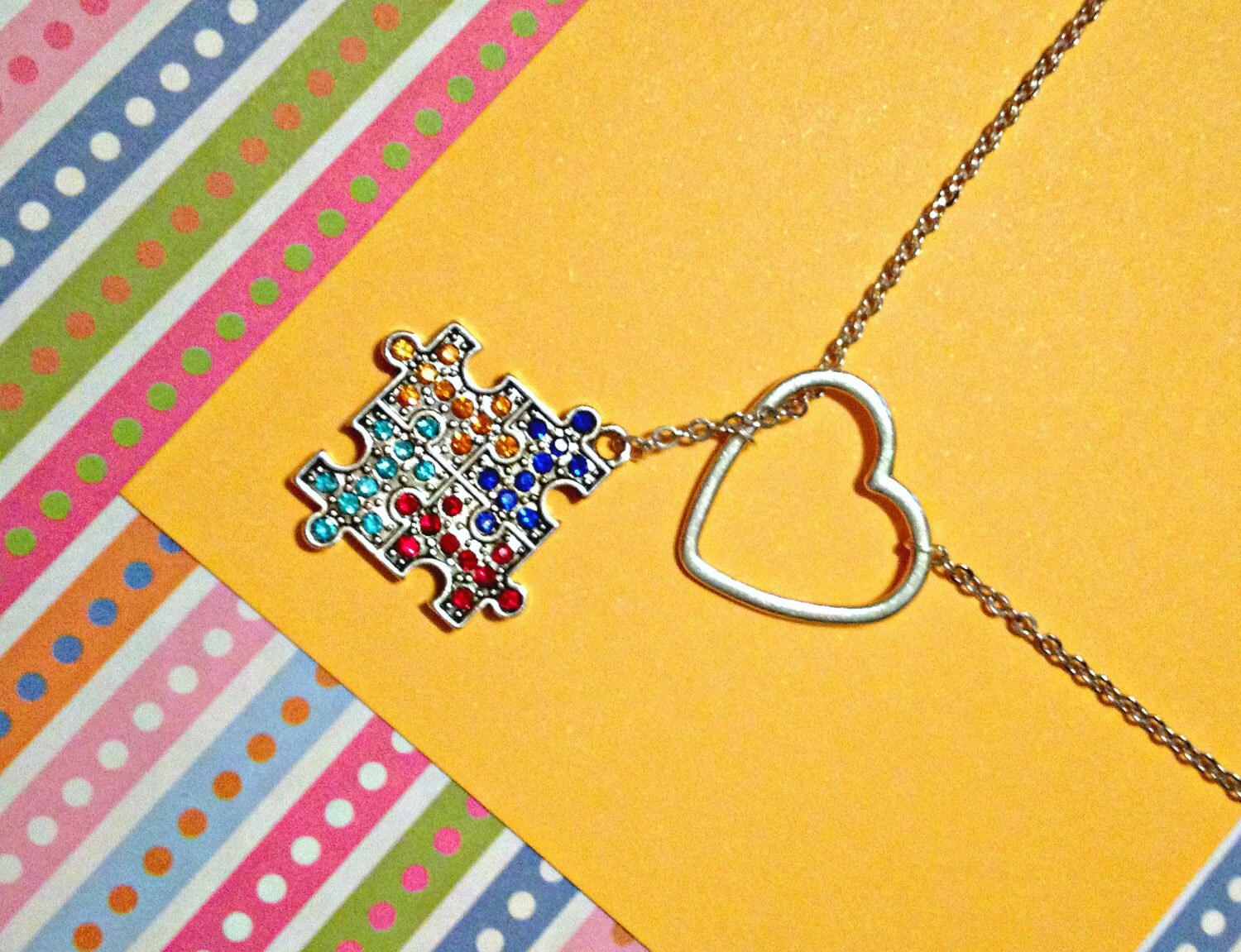 Autism Awareness Puzzle Piece Lariat Necklace with Rhinestones