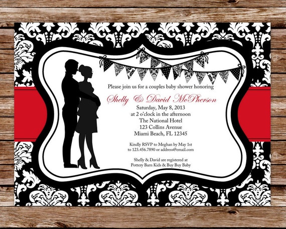 ... Couple Silhouette Red and Black Damask Couples Baby Shower Invitation