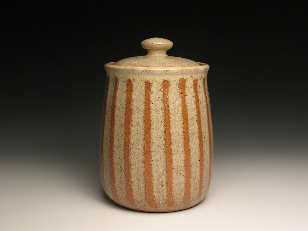 Pottery lidded jar with stripes stoneware canister