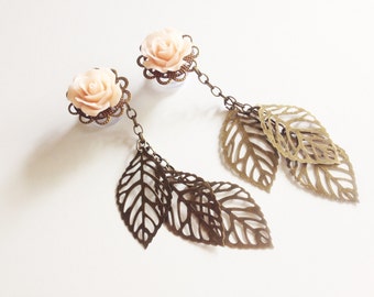 Dangle Plugs Peach Rose Plugs with Dangles Choose Color 9/16", 1/2" Gauges Gauged Earrings Ear Plugs Wood Tunnels/Acrylic/Steel Body Jewelry