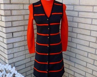 1970's Knit Dress Striped Red Black 2 Piece Small