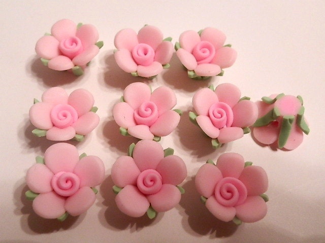 10 Fimo Polymer Clay Pink Flower Fimo Beads 17mm