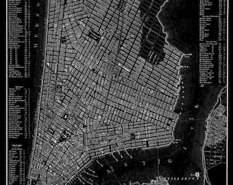 New York City Map 1844 New York City Manhattan Street Map Black Poster Print
