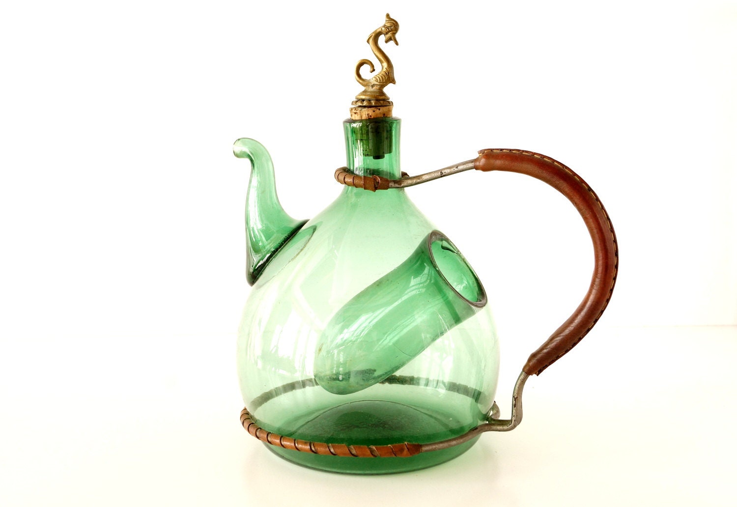 Vintage Italian Green Glass Wine Carafe with Metal and Leather