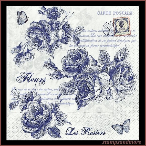 4 Blue And White Roses Paper Napkins Use For Decoupage