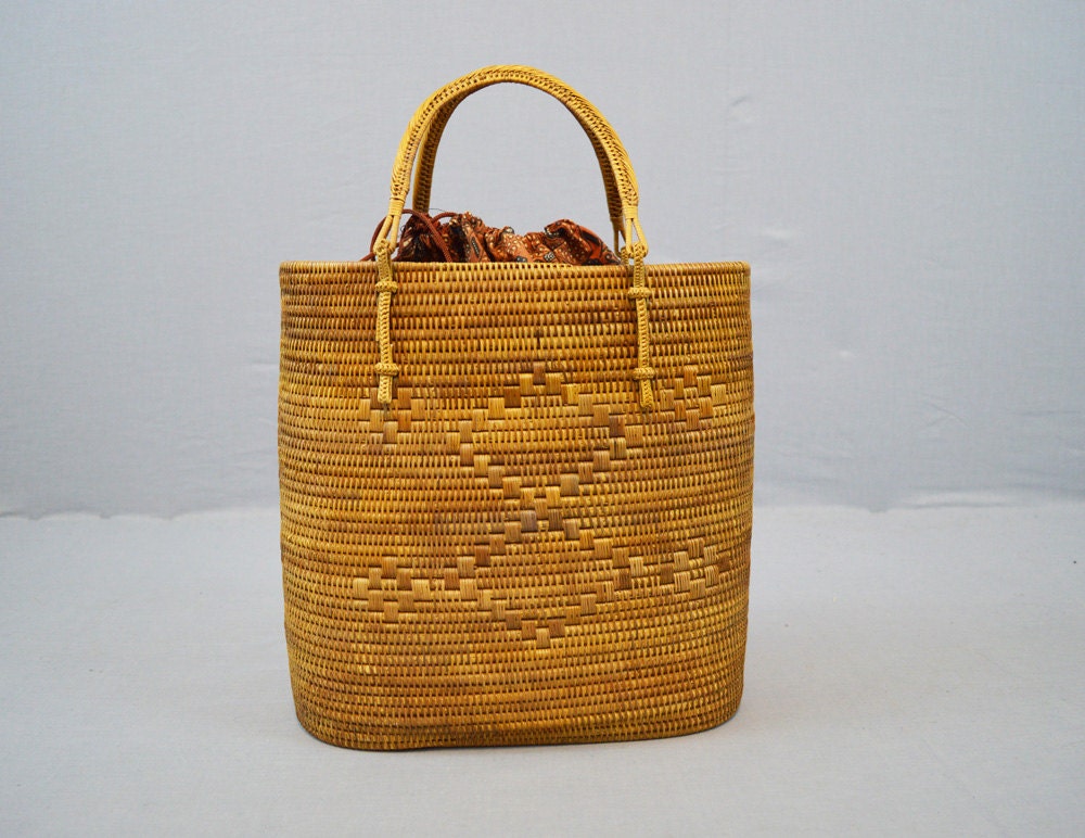 1970s Basket Purse / Vintage Ethnic Drawstring Handbag