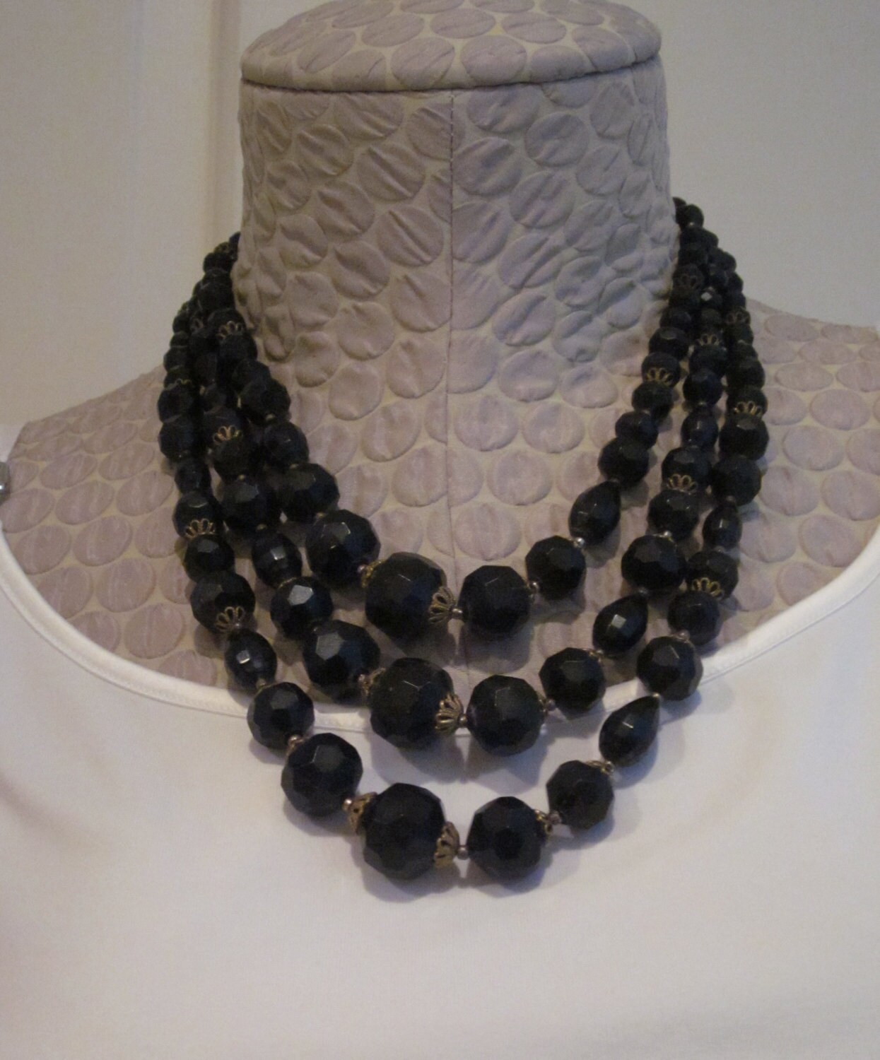 Vintage Three Strand Black Faceted Bead Necklace Made in West