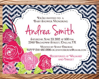 Baby shower invitation, Roses baby shower Invitation, boy, girl, Baby Shower Invite, pink, blue, digital, printable file, 1199