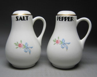 HALL WILDFIRE larger stove top salt and pepper shakers with handles rose gold blue ribbon