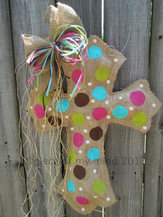 Items similar to Burlap Cross Burlap Door Hanger with Polka dots and ...