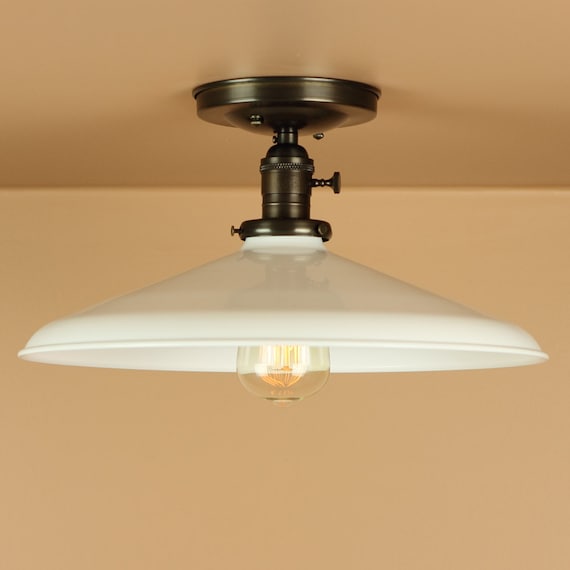 Semi Flush Light w/ 14 inch White Porcelain Enamel Shade - Hand ...