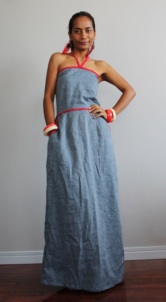 Linen Maxi Dress Denim Styled Dress with pockets : Soul of