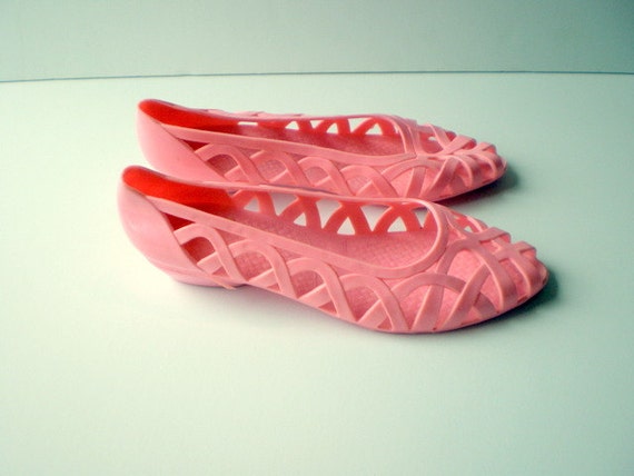 Vintage Jelly Shoes Sandals Flats / Pink Peep Toe / 80s Shoes