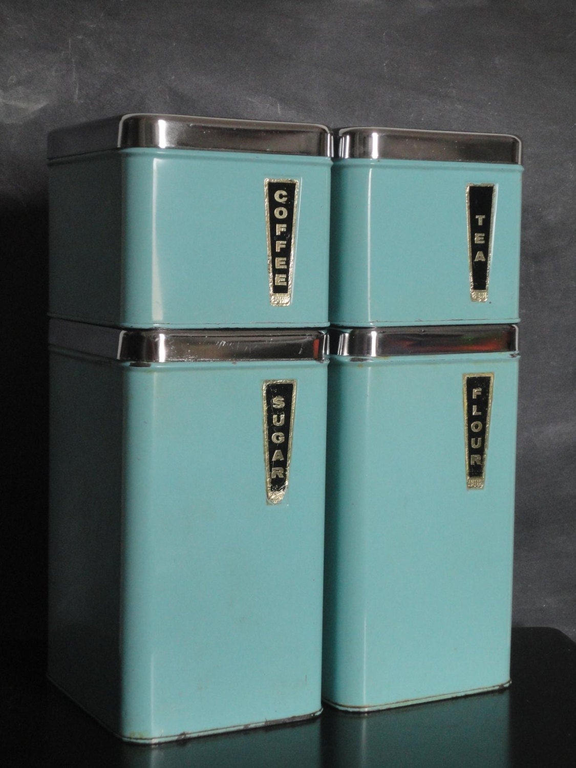 Vintage Mid Century Metal Kitchen Canister Set Turquoise Blue