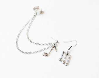 Silver Music Note Chain Ear Cuff Earrings (Pair)
