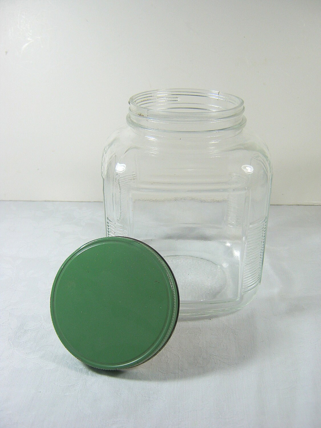 Vintage Hoosier Jar Kitchen Storage Glass w/ Green Lid