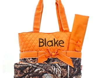 Personalized Diaper Bag Set - Camo and Orange Quilted Diaperbag Baby Boy or Girl