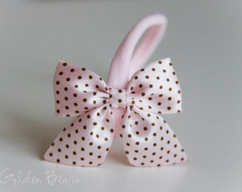 SALE - Satin Bow Headband - Satin Soft Pink with Brown Polka Dot Side Bow Handmade Baby to Adult Headband