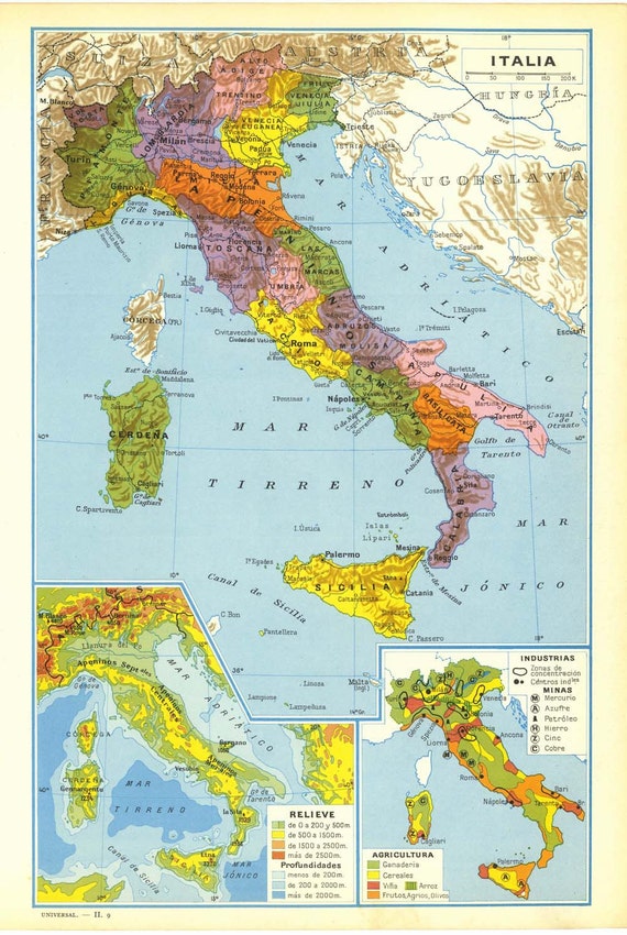 Items similar to Vintage Map of Italy, 1950s Political Division, Relief ...