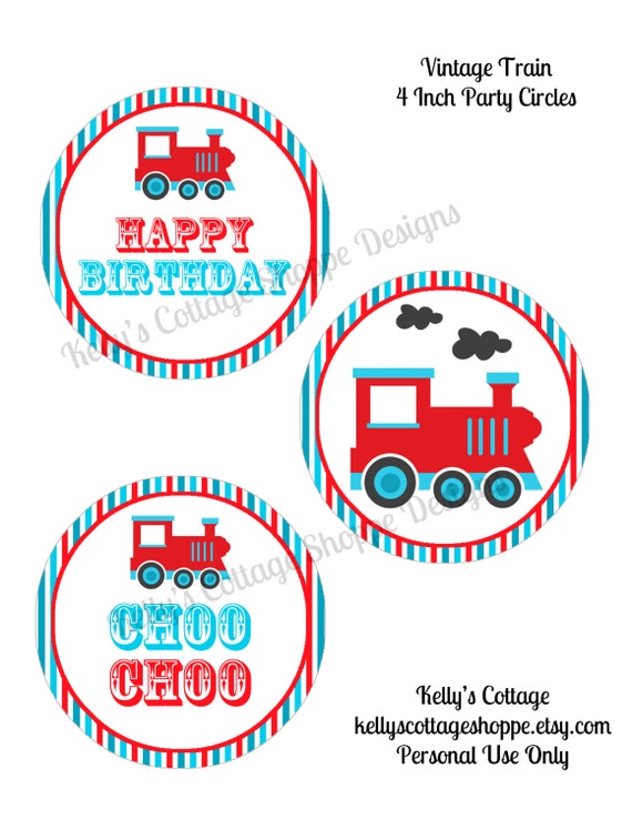 Vintage Train Birthday 4 Inch Party Circles, Instant Download, Printable, Digital Il_570xn