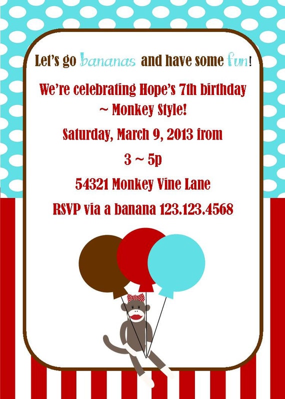 PRITNABLE Invitation - Sock Monkey Birthday Party Collection Il_570xn