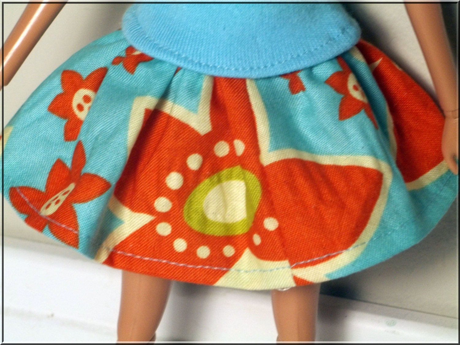 Barbie Clothes Two Piece Outfit Blue Tshirt and Orange Floral