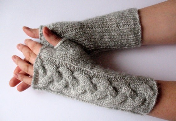 Fingerless Gloves Arm Warmers Light Grey Dove 10" Mittens Knit, Soft Acrylic Mohair