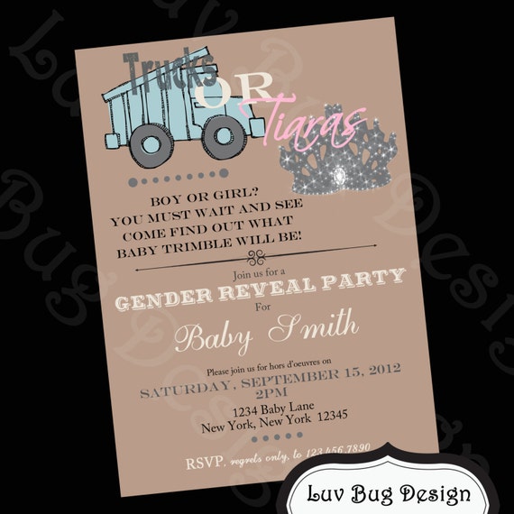 Gender Reveal Party Trucks Or Tiaras Invitation By Luvbugdesign 0264