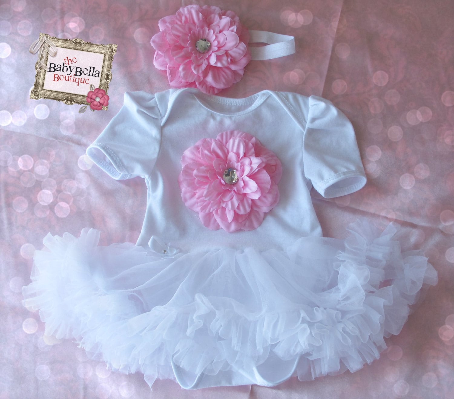 White baby girl Onesie tutu skirt pink by TheBabyBellaBoutique