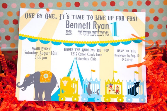 MODERN CIRCUS Birthday Invitation, Turquoise and Yellow, zoo animals, Carnival, PRINTABLE by Libby Lane Press Il_570xn