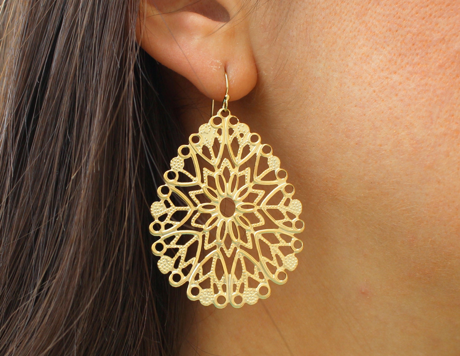 Gold Teardrop Pendant Earrings Filigree Bridesmaid Earrings