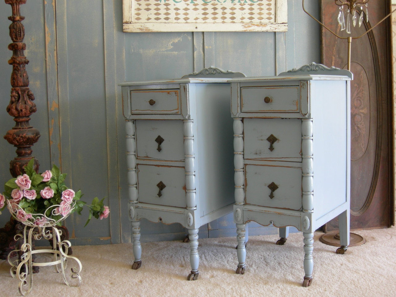 Antique Pair Of Nightstands Chic Bedroom Furniture Shabby