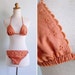 Vintage 70's Hippie Broderie Anglais Peach Triangle Halter Bikini XS