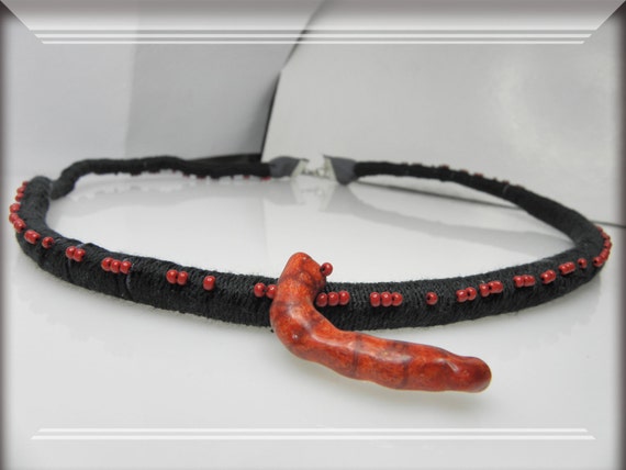 rope necklace fiber wrapped tribal handmade fiber art woman jewelry black red
