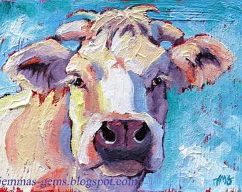 Cow Painting, Cow Print, White Cow Art Print, Red White & Blue Cow Art Print, 5 x 7 by Jemmas Gems