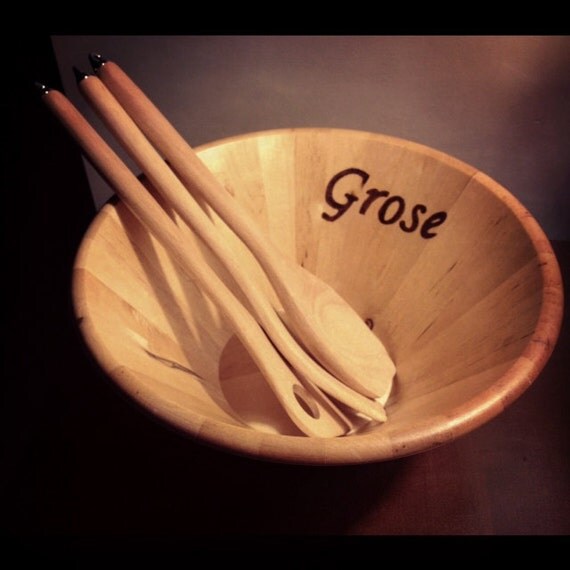 Personalized Wooden Salad Bowl and Wooden Tongs. Wedding