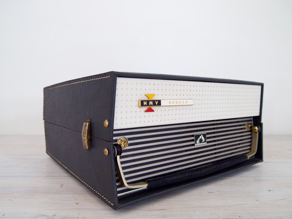 vintage navy blue HMV monaco portable electric record player