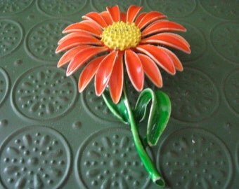 Vintage Orange & Yellow Enamel Daisy Pin