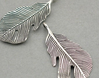 Feather Charms Antique Silver tone 4pcs base metal Charms 21X42mm CM0365S