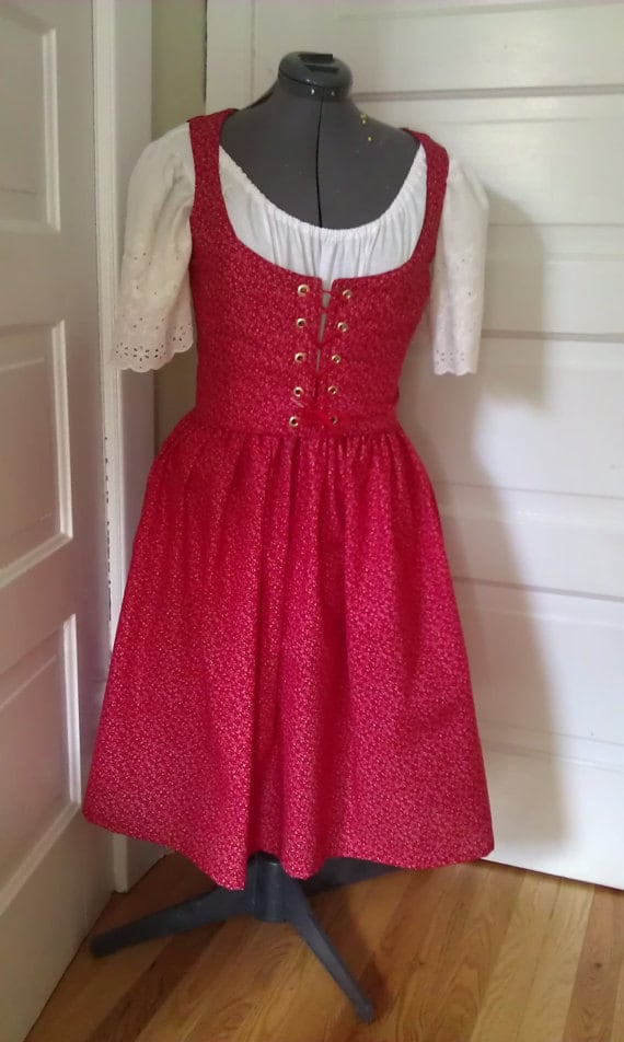 Red Floral Dirndl Peasant Dress With Reversible by tulipdesign
 Red Medieval Peasant Dress
