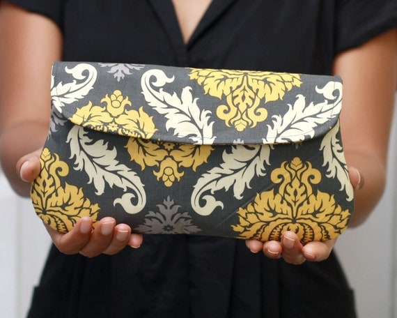 Wedding Clutch/ Bridesmaid Gift Damask in yellow and gray