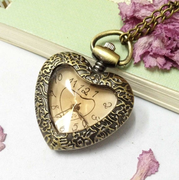 1pc Antique Bronze Heart shape Pocket Watch Locket Necklace