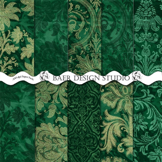 Digital Paper Vintage EMERALD GREEN and Gold by BaerDesignStudio