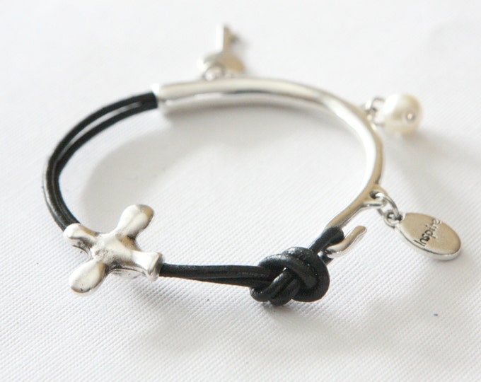 Metal Leather Bracelet - Charm Bracelet - Half Metal Bracelet